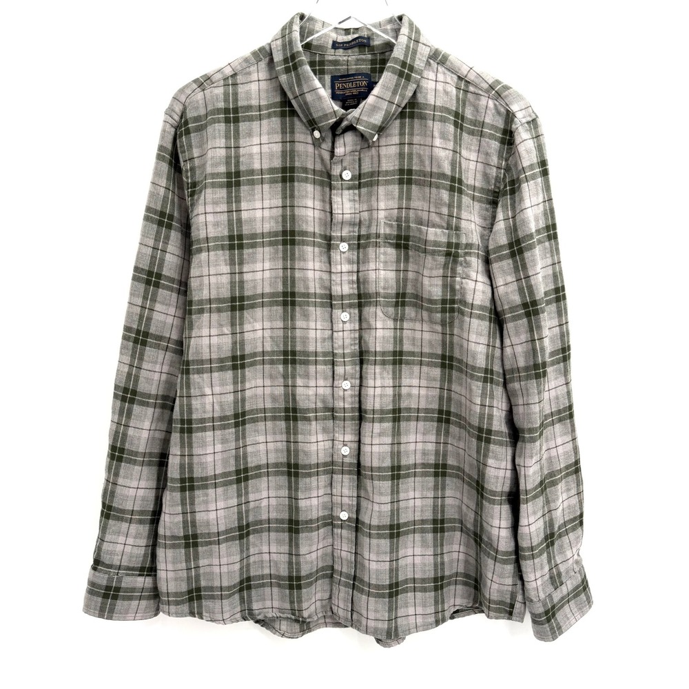Sir Pendleton 100% Virgin Wool Button Down Shirt Mens XL Grey Green Plaid